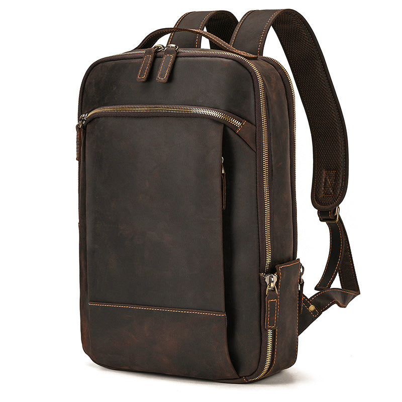 Double Zipper Main Bag Genuine Leather Large Capacity Crazy Horse Leather Outdoor Travel Leisure Backpack Social Buzz eSIMs