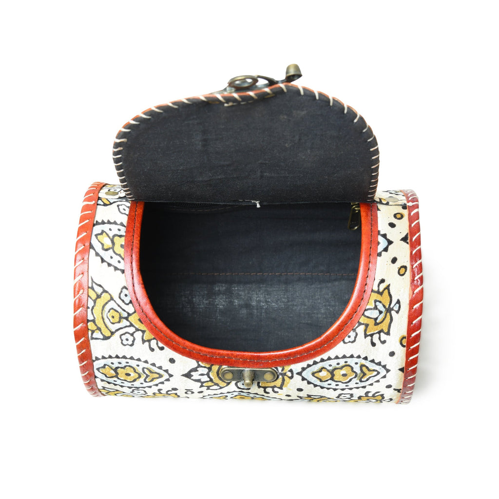 Cylindrical Block Printed Leather Bag Classy Leather Bags