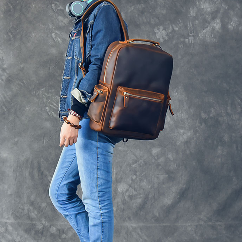 Men Retro Backpack Crazy Horse Leather Travel Backpack Laptop Backpack RockCow Leather Studio