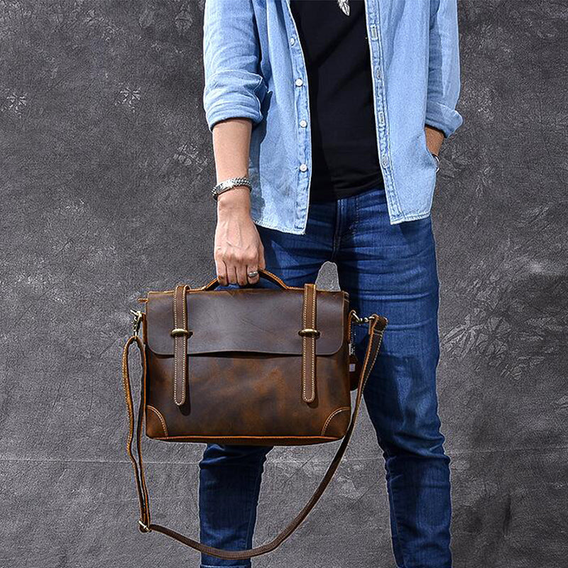 Crazy Horse Leather Men's Briefcase Retro Messenger Bag RockCow Leather Studio