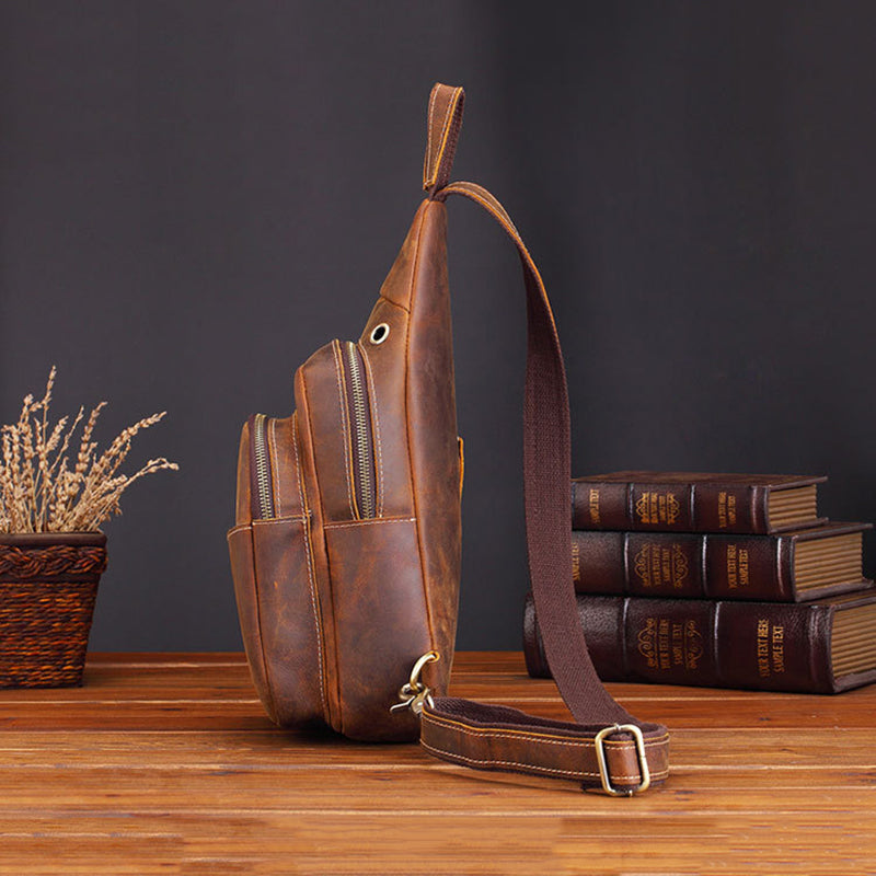 Crazy Horse Leather Chest Pack Handmade Chest Bag Casual Shoulder Messenger Bag RockCow Leather Studio