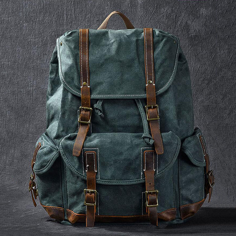 Waxed Canvas With Leather Backpack Vintage Large Capacity Backpack Travel Backpack RockCow Leather Studio