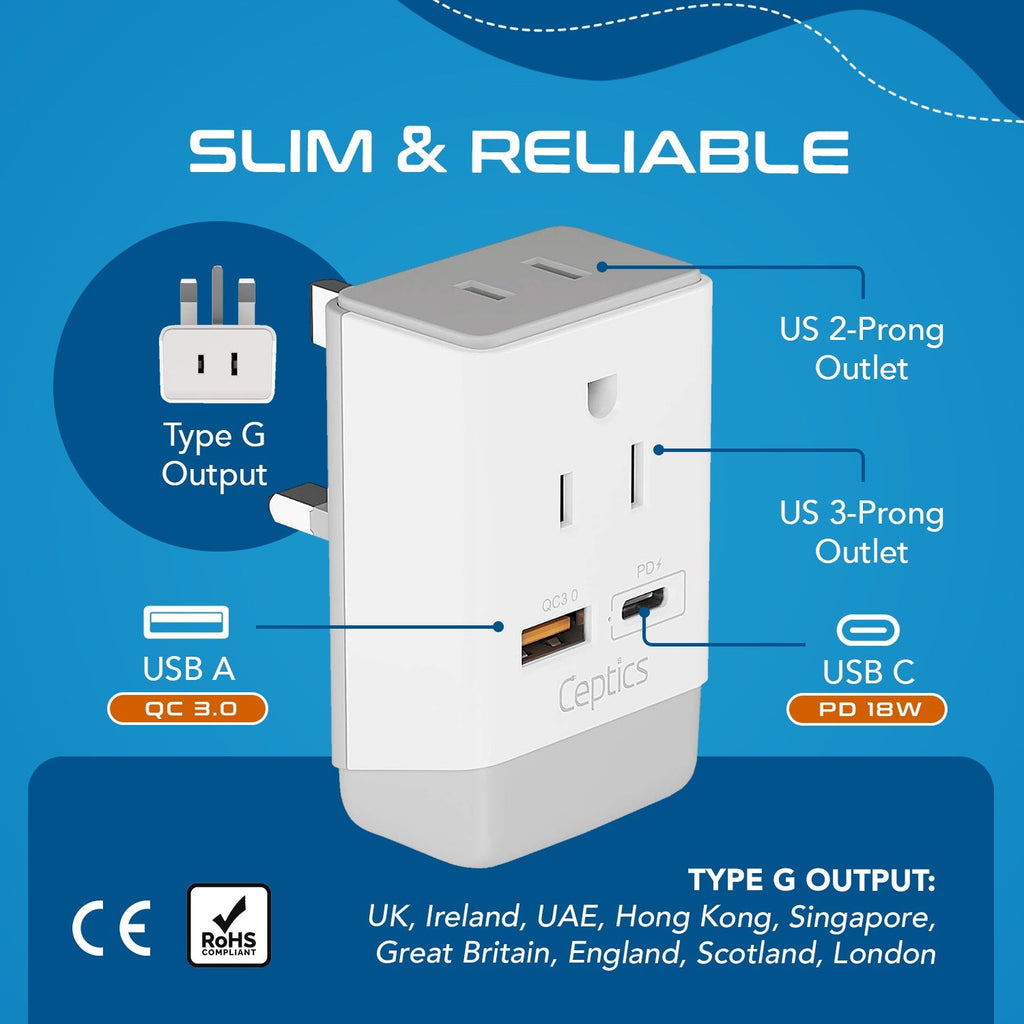 UK, England Travel Adapter | Type G - USB-A & USB-C Ports + 2 USA Outlet (AP-7) Ceptics