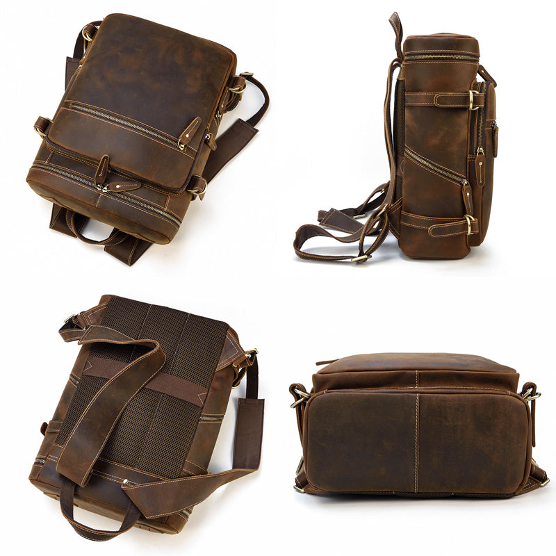 Crazy Horse Leather Travel Backpack Retro Cowhide Leather School Backpack Large Capacity Laptop Backpack RockCow Leather Studio