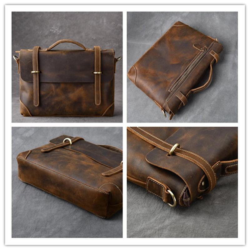 Crazy Horse Leather Men's Briefcase Retro Messenger Bag RockCow Leather Studio