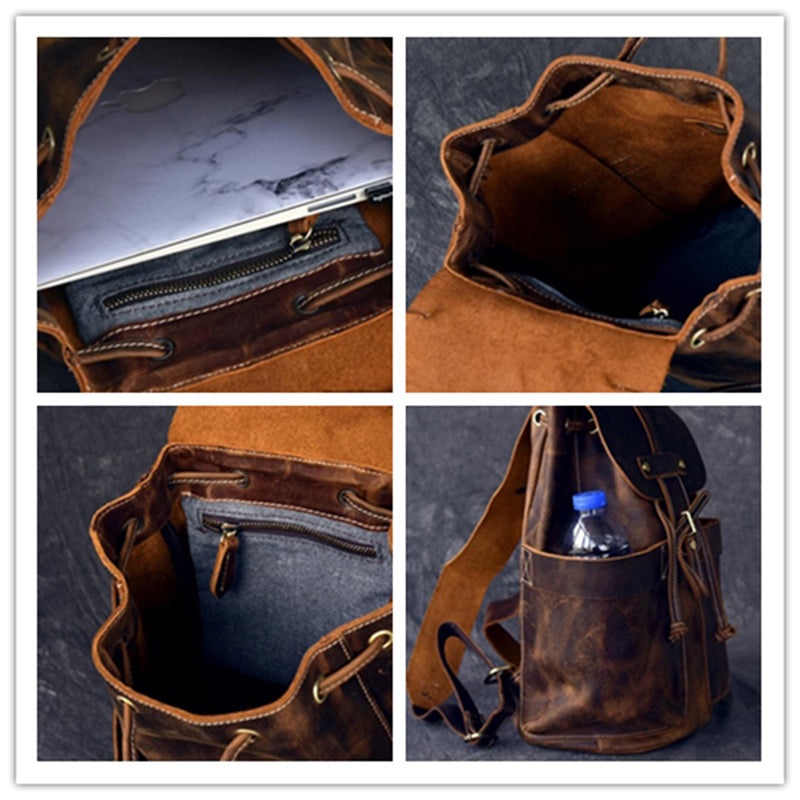 Crazy Horse Leather Men Travel Backpack Retro Laptop Backpack Bucket Backpack RockCow Leather Studio