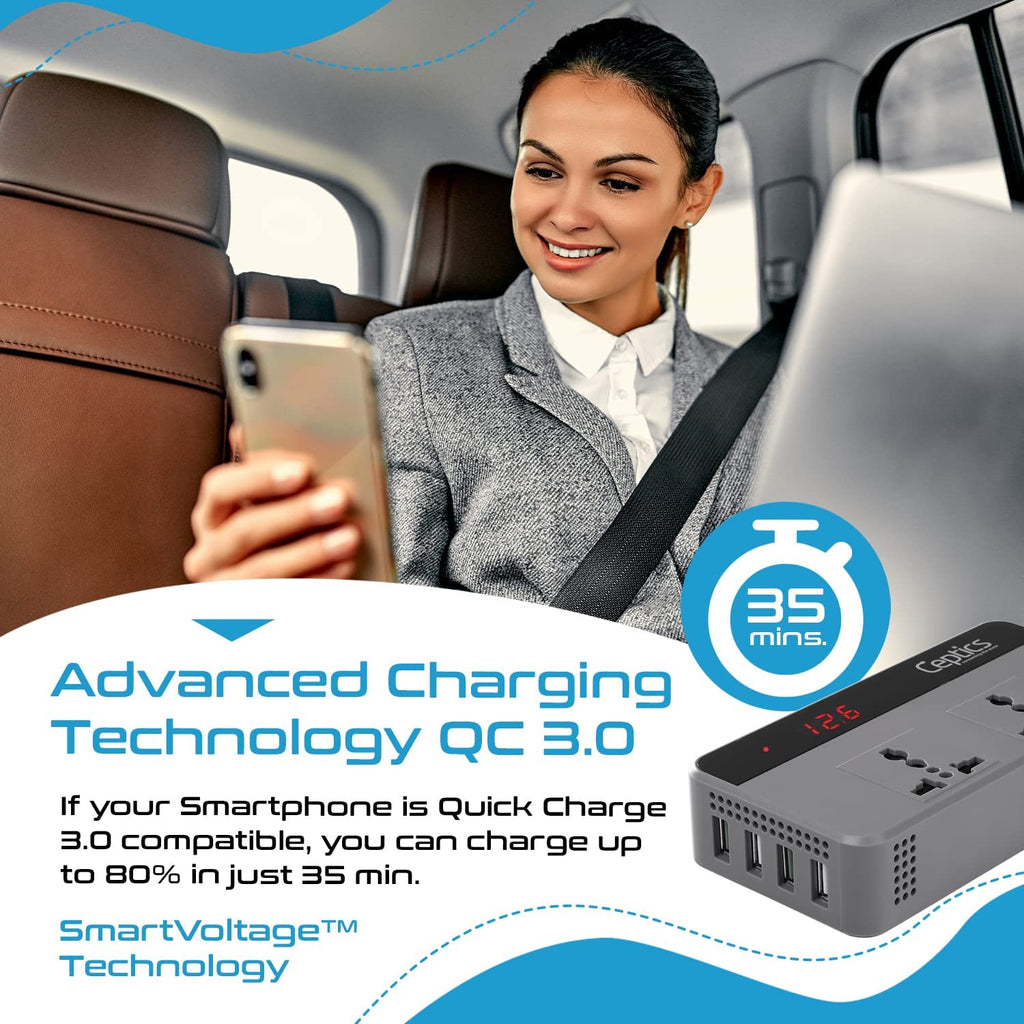 Ceptics 200W Car Power Inverter Charger with Digital Display and SmartVoltage™ Technology (PI-200W4U) Ceptics