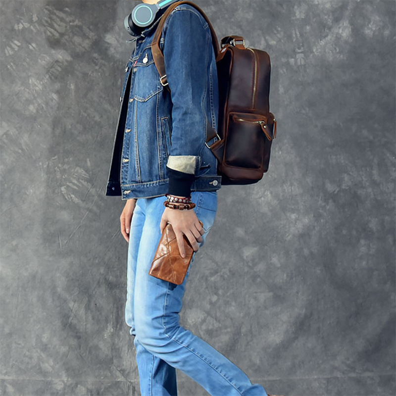 Men Retro Backpack Crazy Horse Leather Travel Backpack Laptop Backpack RockCow Leather Studio