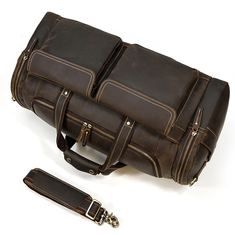 Crazy Horse Leather Duffle Bag Retro Large Capacity Tote Travel Bag Mens Weekender Overnight Bag RockCow Leather Studio