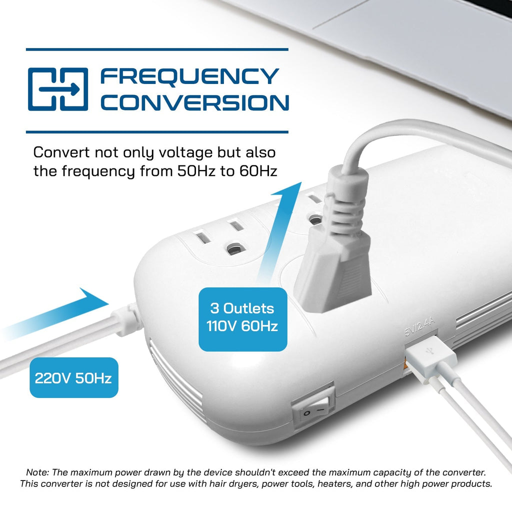 300W Step Down Converter – 3x USA Outlets & 1 USB-A + 1 USB-C PD 18W – AC 220-240V 50Hz to 110-120V 60Hz Travel Voltage & Frequency Converter - (PU-300-WS) Ceptics