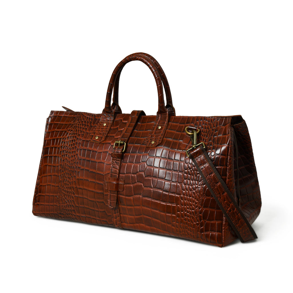 LuxeHide Brown Croco Pattern Duffle Classy Leather Bags