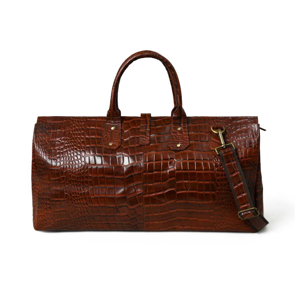 LuxeHide Brown Croco Pattern Duffle Classy Leather Bags