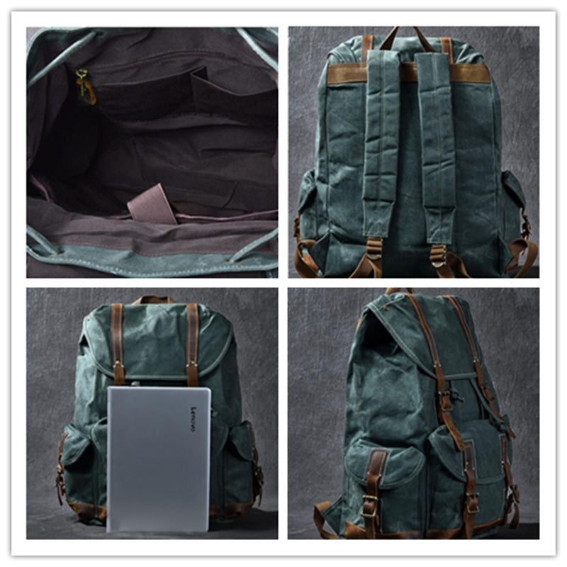 Waxed Canvas With Leather Backpack Vintage Large Capacity Backpack Travel Backpack RockCow Leather Studio