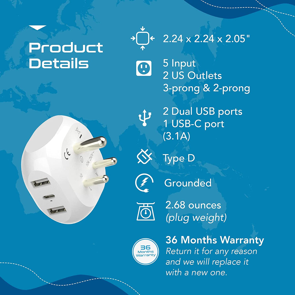 India, Pakistan Plug Adapter - Type D - 5 in 1 - Ultra Compact (PTU-10) Ceptics