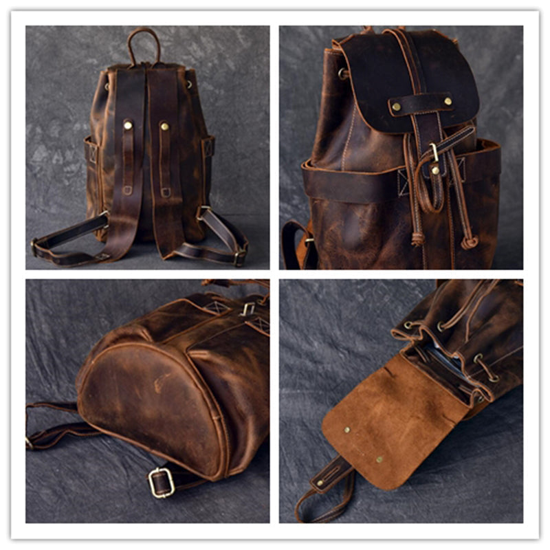 Crazy Horse Leather Men Travel Backpack Retro Laptop Backpack Bucket Backpack RockCow Leather Studio