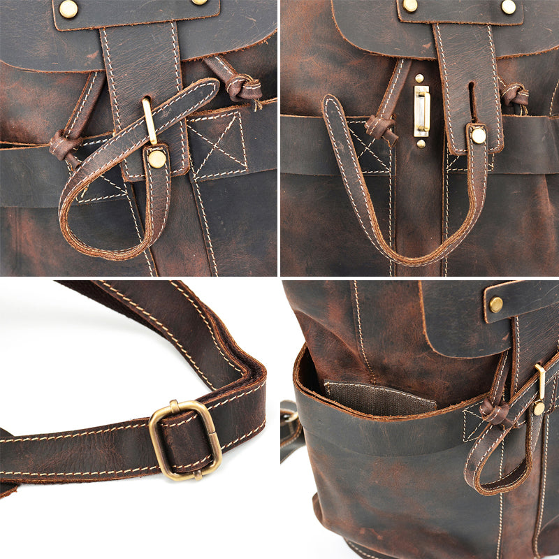 Crazy Horse Leather Travel Backpack Retro Style Full Grain Leather Laptop Backpack For Men RockCow Leather Studio