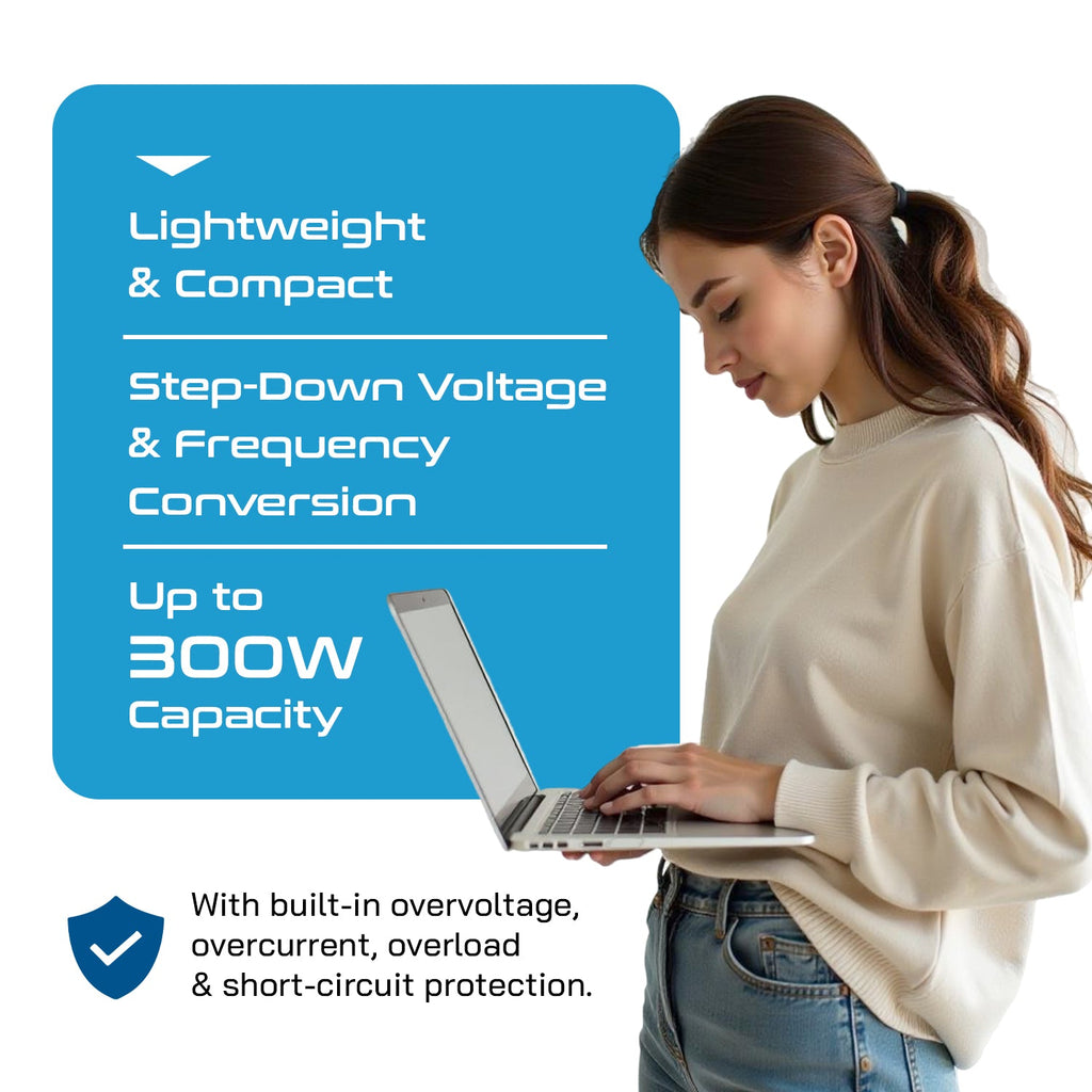 300W Step Down Converter – 3x USA Outlets & 1 USB-A + 1 USB-C PD 18W – AC 220-240V 50Hz to 110-120V 60Hz Travel Voltage & Frequency Converter - (PU-300-WS) Ceptics