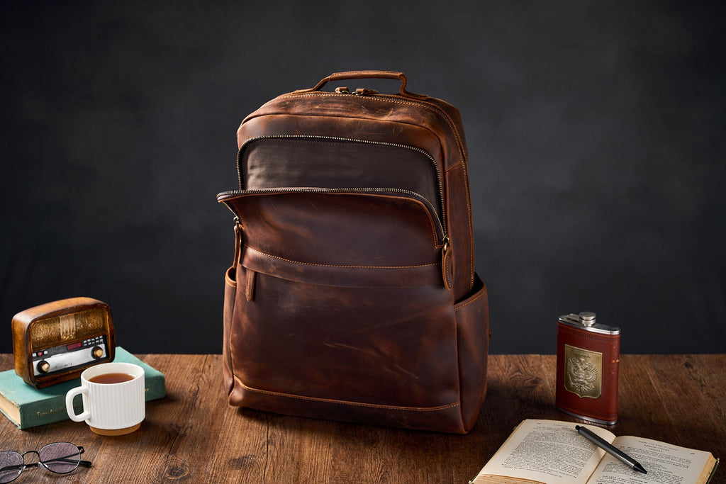 Crazy Horse Leather Backpack Men Laptop Backpack Handmade Travel Backpack MSG7635 RockCow Leather Studio