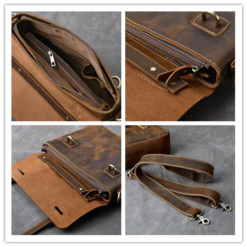 Crazy Horse Leather Men's Briefcase Retro Messenger Bag RockCow Leather Studio