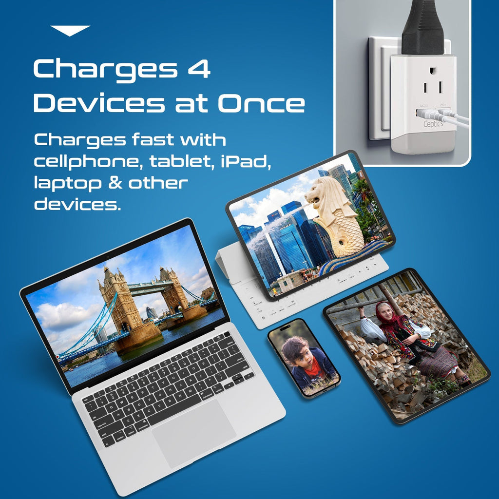 UK, England Travel Adapter | Type G - USB-A & USB-C Ports + 2 USA Outlet (AP-7) Ceptics