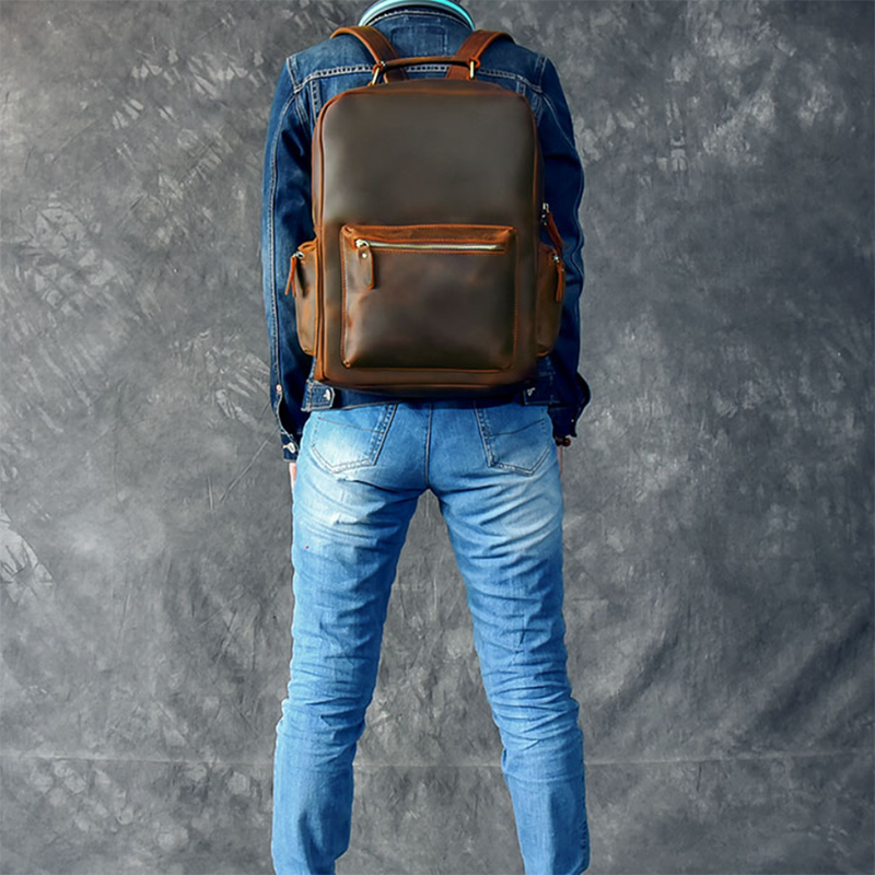 Men Retro Backpack Crazy Horse Leather Travel Backpack Laptop Backpack RockCow Leather Studio