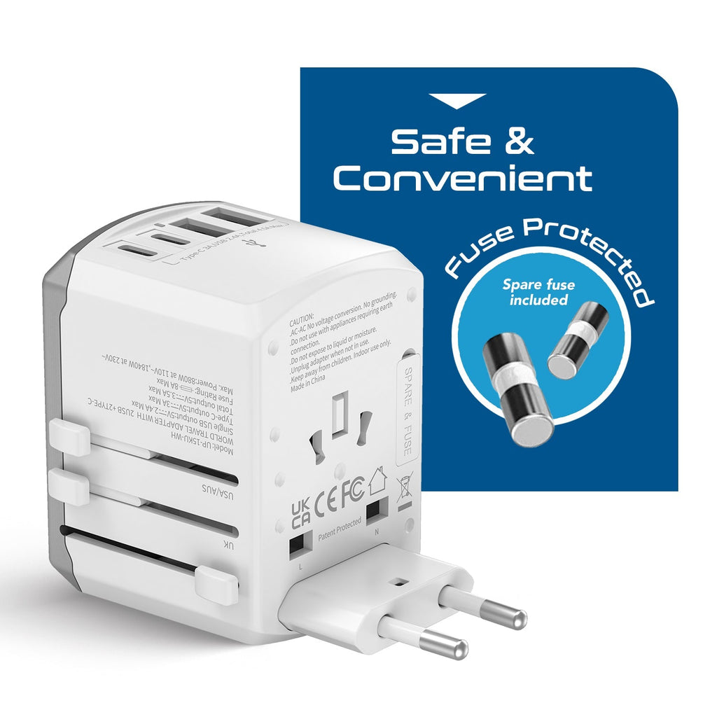 All-In-One International Travel Adapter - 5 in 1 - 2 USB-A & 2 USB-C - Max. 17.5W (3.5A) - White (UP-15KU-WH) Ceptics
