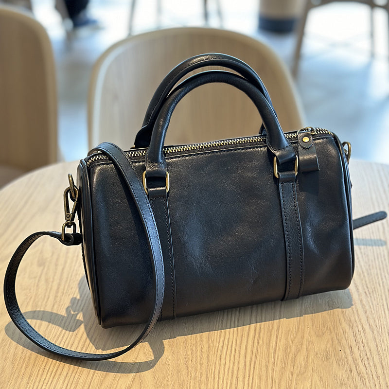 Women's Small Leather Boston Bag, Full Grain Leather Satchel Crossbody Bag, Handmade Leather Barrel Bag RockCow Leather Studio
