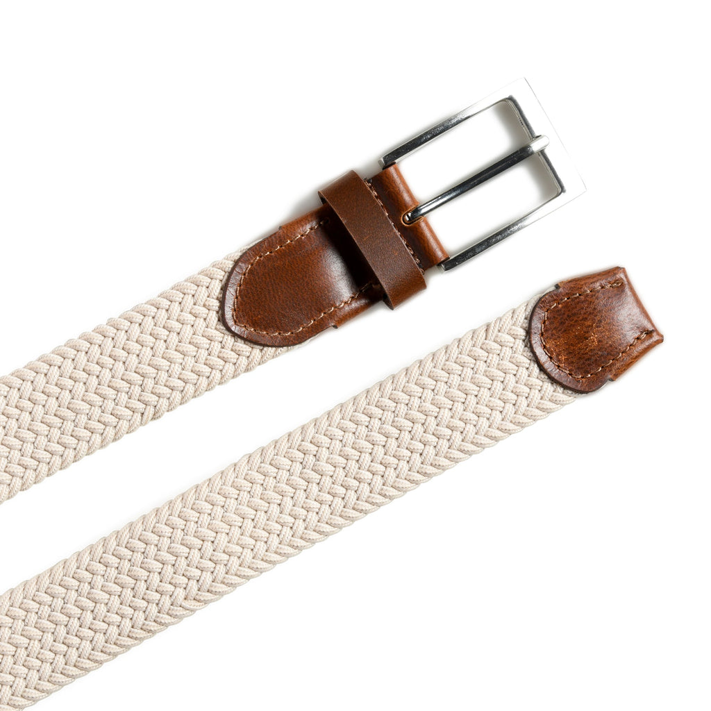 Cream & Brown Braided Canvas Leather Belt Classy Leather Bags