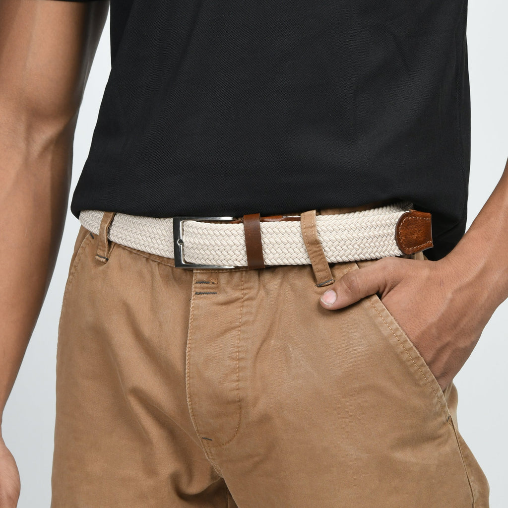 Cream & Brown Braided Canvas Leather Belt Classy Leather Bags