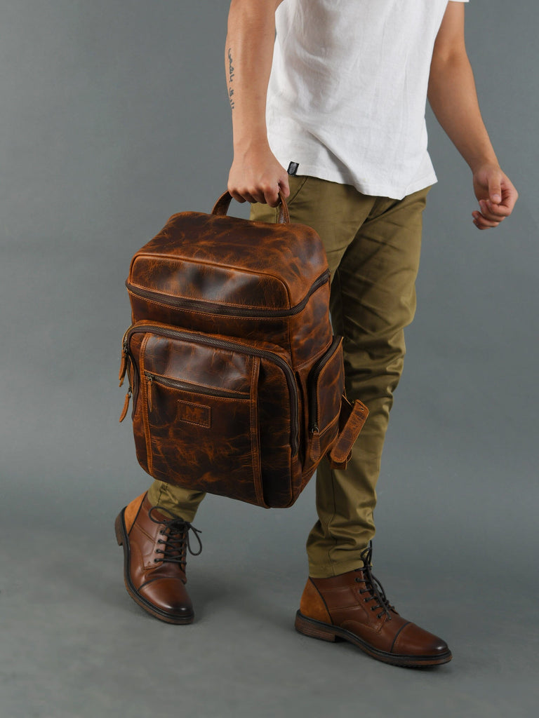 Alpha Caramel Buffalo Leather Travel Backpack Classy Leather Bags