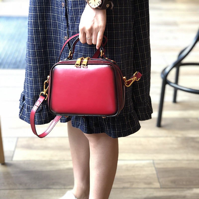 Women's Small Leather Box Bag Crossbody Clutch, Retro handmade leather crossbody bag square bag RockCow Leather Studio