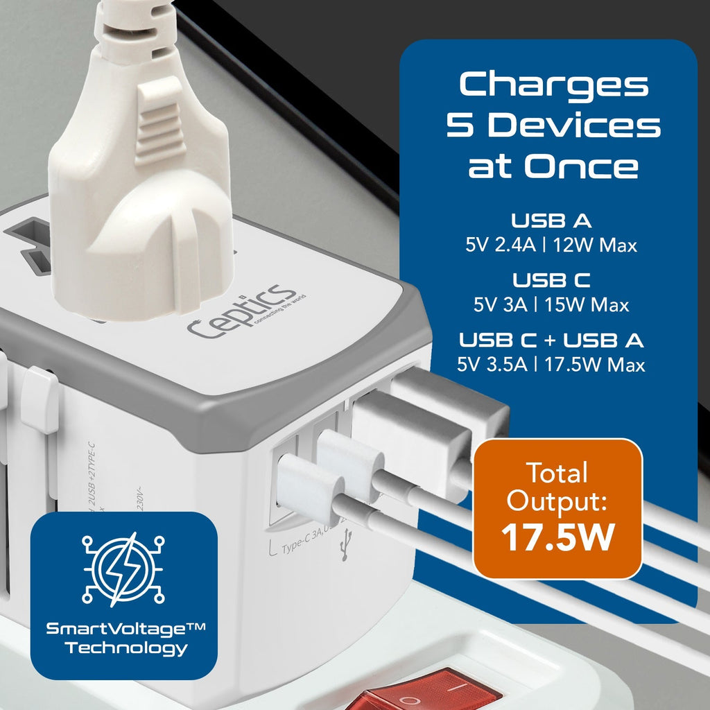 All-In-One International Travel Adapter - 5 in 1 - 2 USB-A & 2 USB-C - Max. 17.5W (3.5A) - White (UP-15KU-WH) Ceptics
