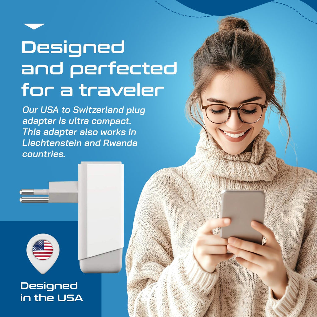 Switzerland Travel Adapter | Type J - USB-A & USB-C Ports + 2 USA Outlet (AP-11A) Ceptics