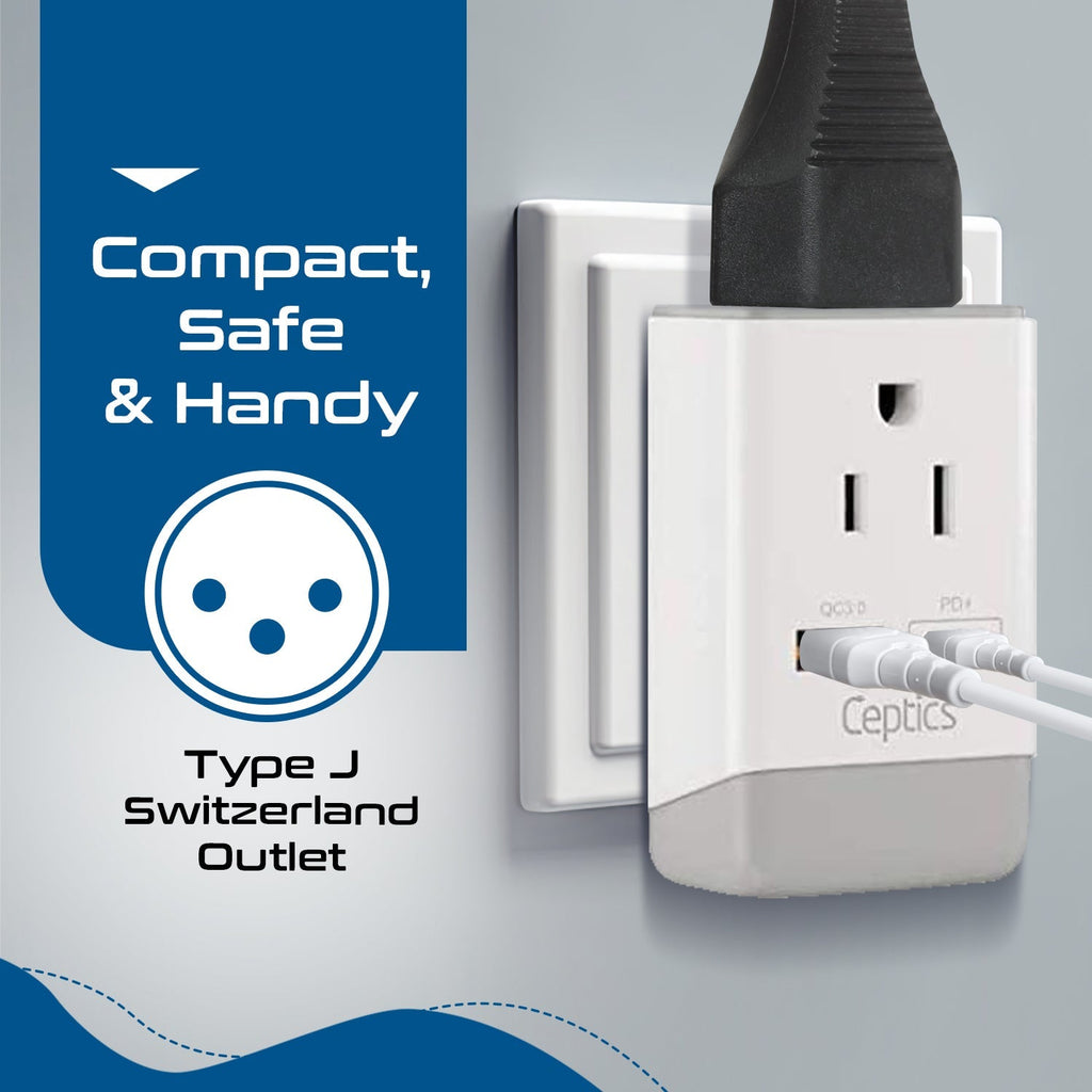 Switzerland Travel Adapter | Type J - USB-A & USB-C Ports + 2 USA Outlet (AP-11A) Ceptics