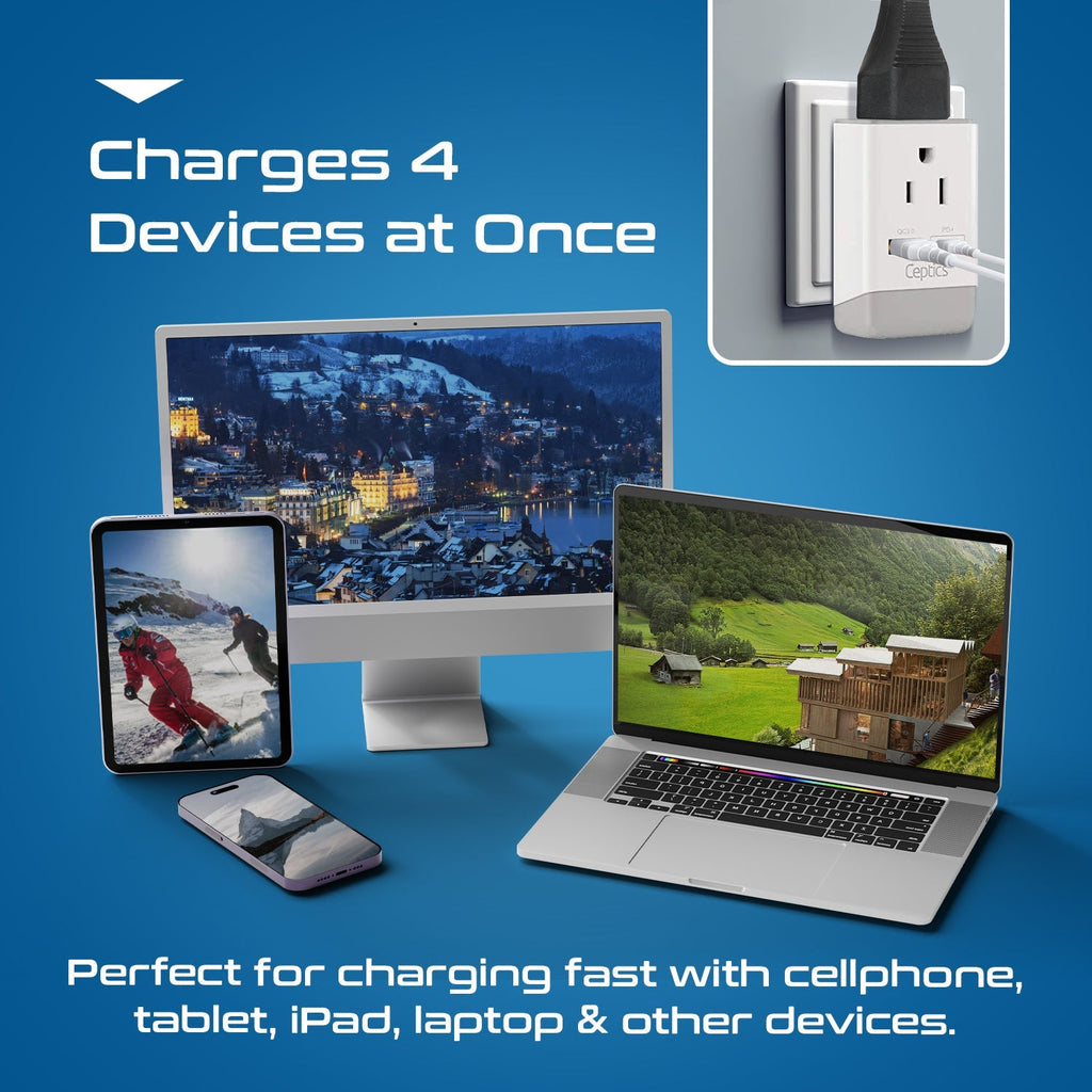 Switzerland Travel Adapter | Type J - USB-A & USB-C Ports + 2 USA Outlet (AP-11A) Ceptics