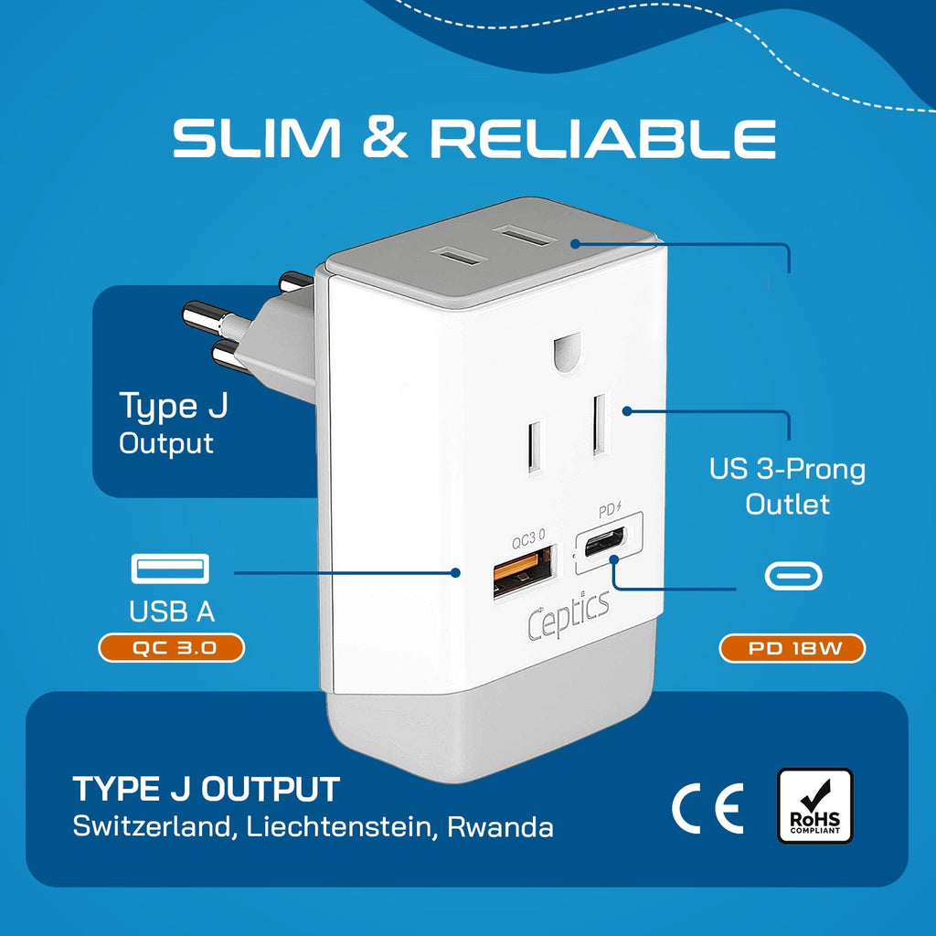 Switzerland Travel Adapter | Type J - USB-A & USB-C Ports + 2 USA Outlet (AP-11A) Ceptics