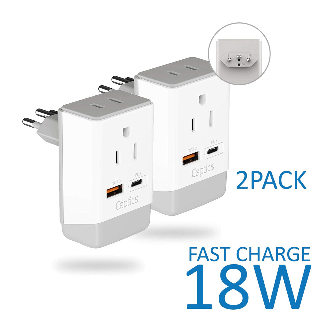 Brazil Travel Adapter | Type N - USB-A & USB-C Ports + 2 USA Outlet (AP-11C) Ceptics