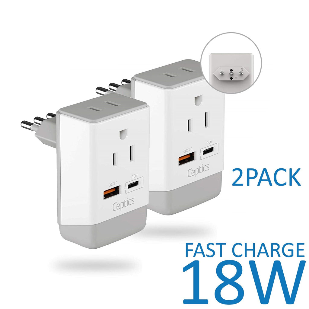 Italy, Chile Travel Adapter | Type L - USB-A & USB-C Ports + 2 USA Outlet (AP-12) Ceptics