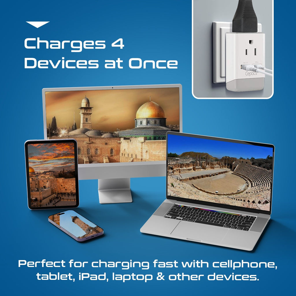 Israel, Palestine Travel Adapter | Type H - USB-A & USB-C Ports + 2 USA Outlet (AP-14) Ceptics