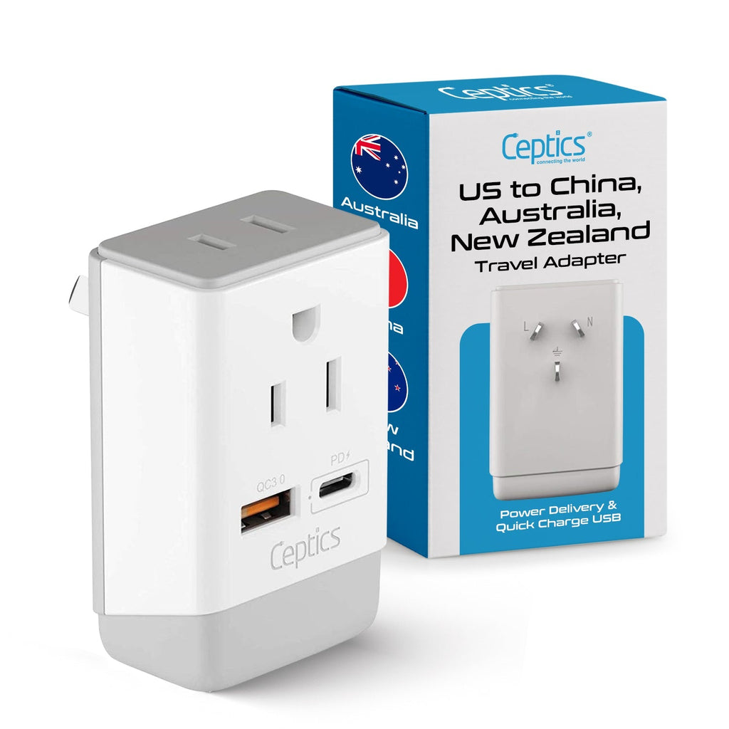 Australia, China Travel Adapter | Type I - USB-A & USB-C Ports + 2 USA Outlet (AP-16) Ceptics