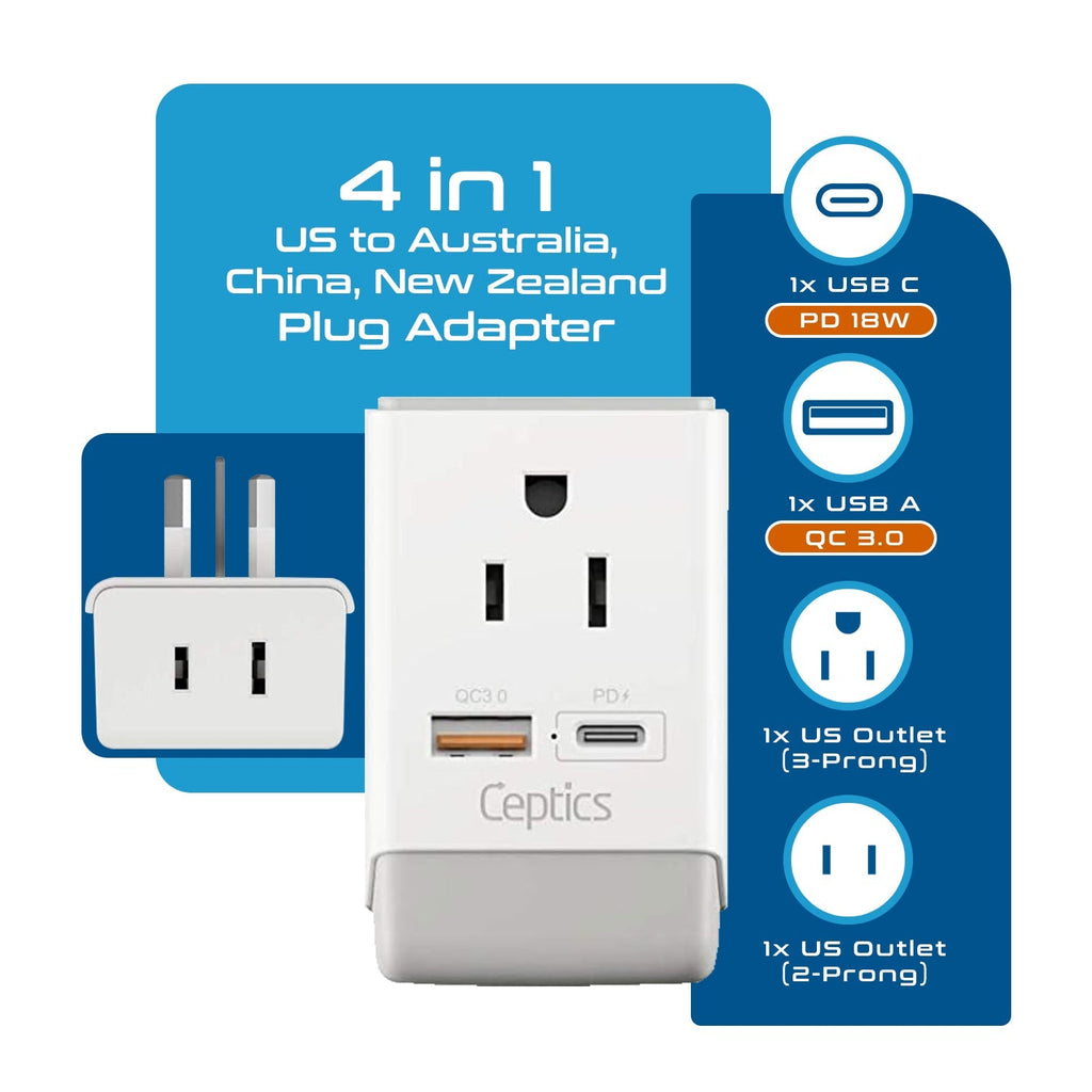 Australia, China Travel Adapter | Type I - USB-A & USB-C Ports + 2 USA Outlet (AP-16) Ceptics