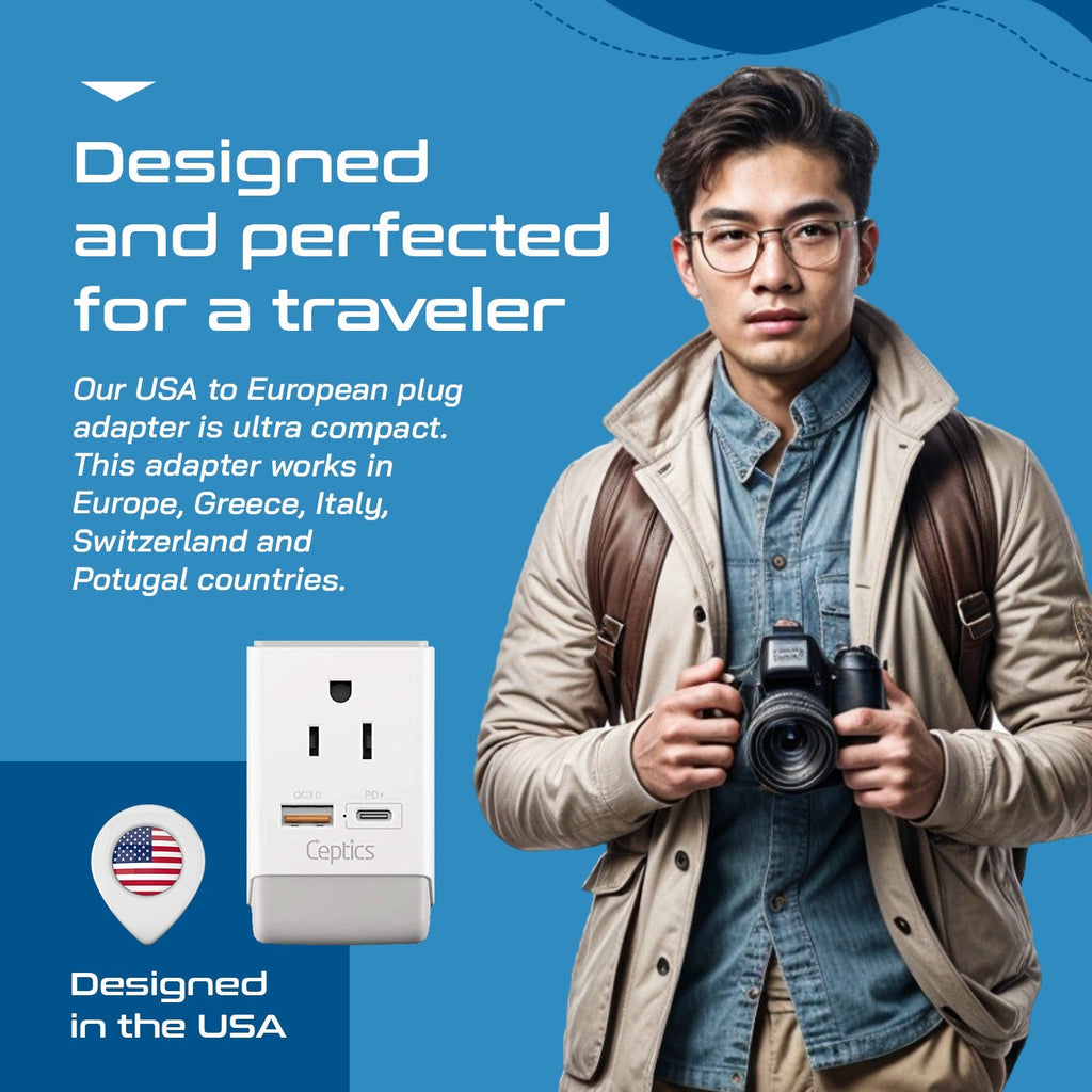 European Travel Adapter | Type C - USB-A & USB-C Ports + 2 USA Outlet (AP-9C) Ceptics