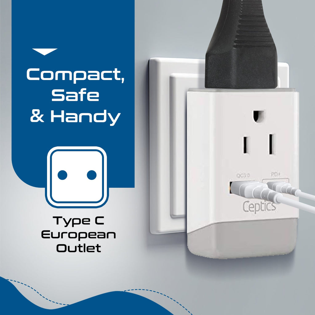 European Travel Adapter | Type C - USB-A & USB-C Ports + 2 USA Outlet (AP-9C) Ceptics