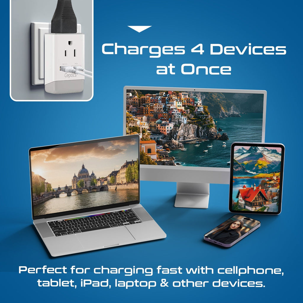 European Travel Adapter | Type C - USB-A & USB-C Ports + 2 USA Outlet (AP-9C) Ceptics