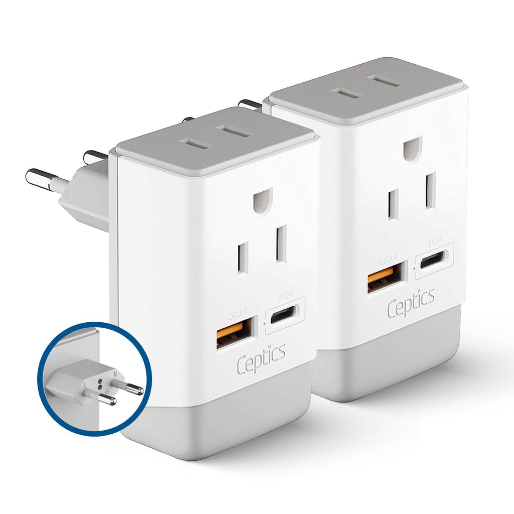 European Travel Adapter | Type C - USB-A & USB-C Ports + 2 USA Outlet (AP-9C) Ceptics