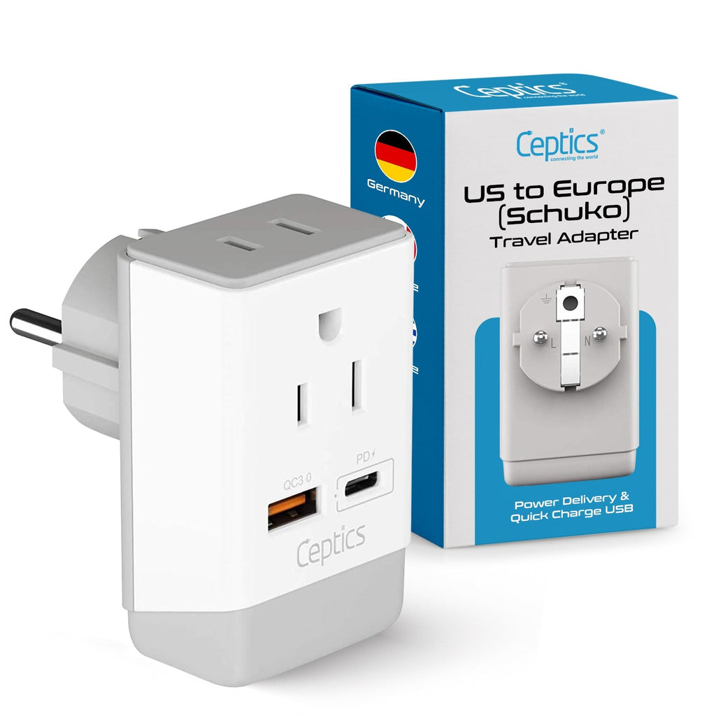 Europe (Schuko) Travel Adapter | Type E/F - USB-A & USB-C Ports + 2 USA Outlet (AP-9) Ceptics