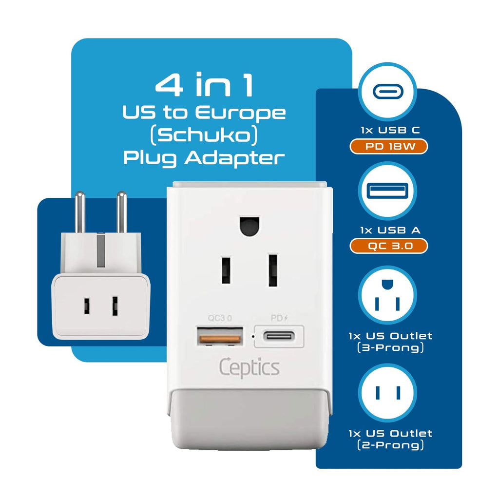 Europe (Schuko) Travel Adapter | Type E/F - USB-A & USB-C Ports + 2 USA Outlet (AP-9) Ceptics