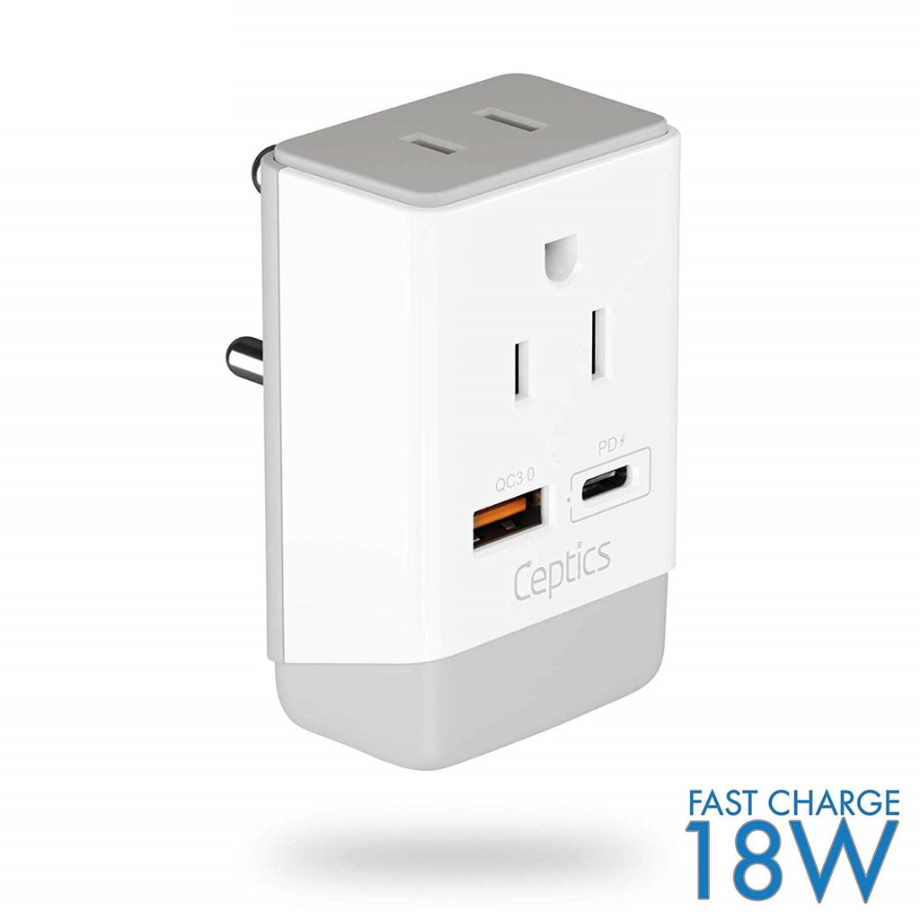 India Travel Adapter | Type D - USB-A & USB-C Ports + 2 USA Outlet (AP-10) Ceptics