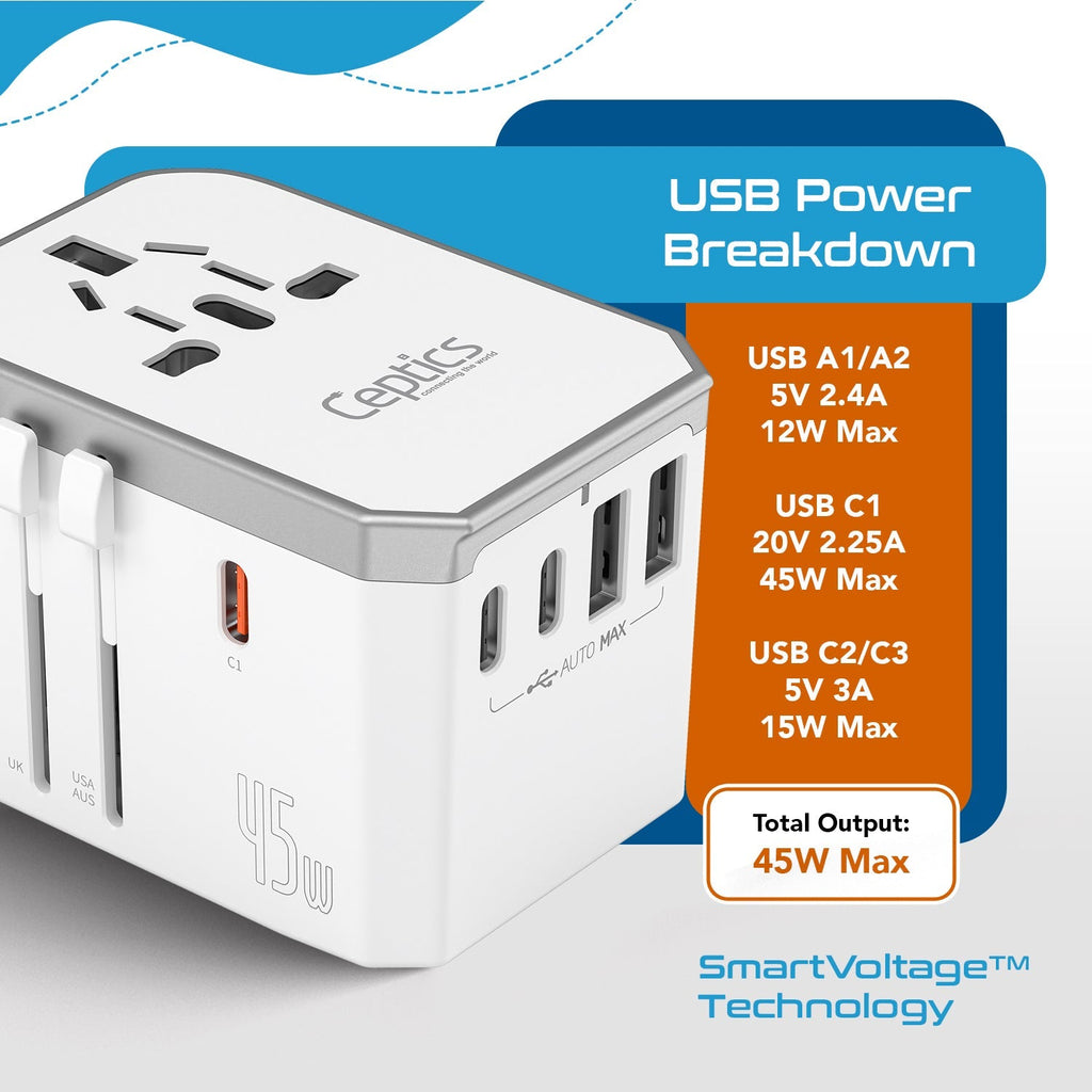 45W 6 in 1 Universal Travel Adapter - 2 USB-A + 3 USB-C - Max. 45W (9A) - White (UP-45KU-WH) Ceptics
