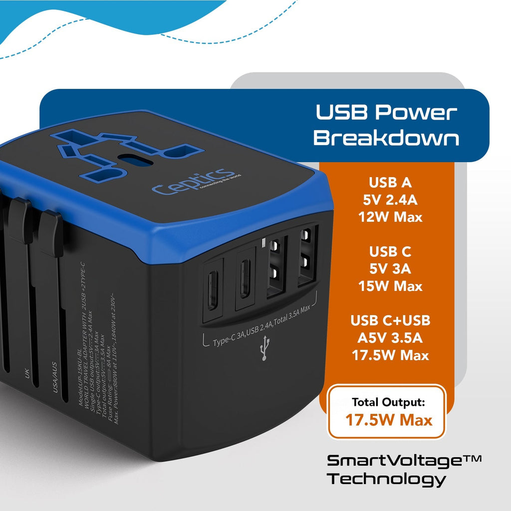 All-In-One International Travel Adapter - 5 in 1 - 2 USB-A & 2 USB-C - Max. 17.5W (3.5A) (UP-15KU-BL) Ceptics